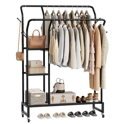 Yoobure Double Rods Clothes Rack - Portable Clothing Rack with Wheels, Rolling Garment Rack with 3-Tier Shelves & 4 Hooks, Freestanding Clothing Racks for Hanging clothes, Coat Rack for Closet Bedroom - color: Black