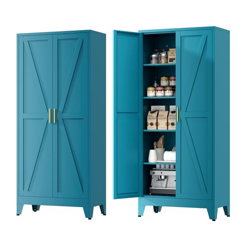 Farmhouse Pantry Cabinet with Barn Doors, 71" H x 31.5" W, 5-Tier Metal Storage Cabinet with 4 Adjustable Shelves for Kitchen Garage Dining Room,Blue 1 Pack - color: Blue, size: 15.8"D x 31.5"W x 71"H-1