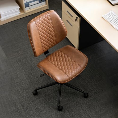 Modern Walnut Home Office Chair, Executive Desk Chair No Arms Brown | with Wheels, Adjustable Height, Comfy PU, Deeper Cushion, Mid Back, 360 Swivel Computer Chair - color: Brown