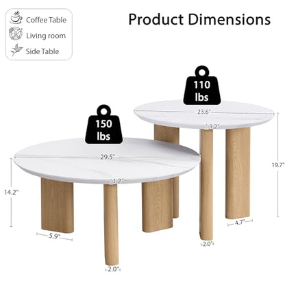 Nesting Coffee Table Set of 2, Marble Top, 2-Tone, Round End Tables | 1.2" Thick Faux Marble Top, Mid-Century Modern Style, Use as Nesting Table, Tea Table, Sturdy MDF, 20-Min Quick Assembly - color: Marble
