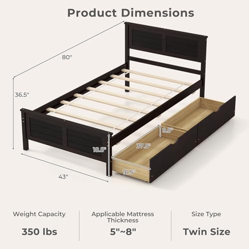 GIANTEX Wood Twin Bed with 2 Storage Drawers, Solid Wood Platform Bed with Headboard, Wooden Slats Support Mattress Foundation, No Spring Needed, Twin Bed Frame for Kids, Teens, Adults, Espresso - color: Espresso, size: Twin