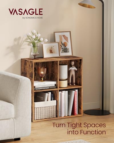 VASAGLE Bookcase Cube Shelf with 4 Compartments, 9.4 x 26 x 26 Inches | Bookshelf storage shelf, Rustic Brown, CUSTOS Collection, ULBC476K01 - color: Rustic Brown, size: 4 Cubes (9.4"D x 26"H), style: 1 Pack