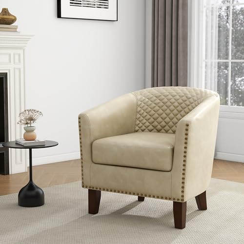 Faux Leather Accent Chair, Modern Barrel Club Chair, Beige | Comfy Upholstered Armchair for Living Room, Round Club Chair Single Sofa Bedroom Reading Seat | 26"D*29"W*29"H - color: Beige