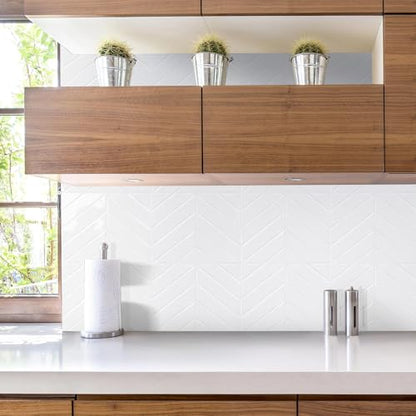 STICKGOO Herringbone Peel and Stick Backsplash, Pure White, 10 Sheets | 12.6 x 9.7 in, Thicker Rectangular Vinyl Stick-On Wall Tiles, Easy Alignment, Waterproof, Easy to Clean, Kitchen/Bathroom - color: Pure White, size: Pack of 10
