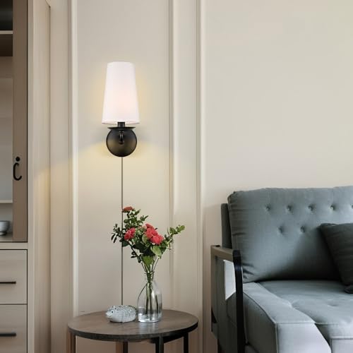 Moose Modern Black Wall Sconces Plug-in Set of Two with Fabric Shade | Industrial Black Linen with On/Off Switch Wall Lamp for Bedside, Living Room, Hallway, House Reading - color: Black, size: 2-Pack | 1-Light