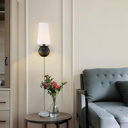 Moose Modern Black Wall Sconces Plug-in Set of Two with Fabric Shade | Industrial Black Linen with On/Off Switch Wall Lamp for Bedside, Living Room, Hallway, House Reading - color: Black, size: 2-Pack | 1-Light