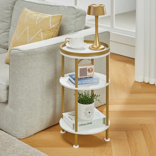 Small Round End Table with Charging Station, 3-Tier Accent Couch Beside Table with USB Ports & Power Outlets, Sofa Side Table for Living Room Small Nightstand Bedroom (USB Charger, White+Gold) | 3-Tier Accent Couch Beside Table with USB Ports & Power Outl