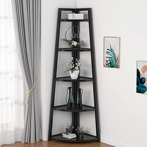 Tribesigns 70 inch Tall Corner Shelf, 5 Tier Modern Corner Bookshelf Bookcase Industrial Corner Ladder Shelf Plant Stand for Living Room, Kitchen, Home Office (Black) - color: Black