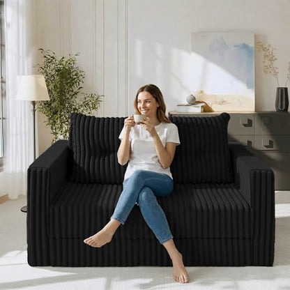 41.3" Loveseat Boneless Couch,4-in-1 Convertible Sofa Bed | Plush Fur Folding Futon Sofa Bed Couches w/1-Pillow for Living Room,High-Density Foam,No Assembly Required(Twin Black)