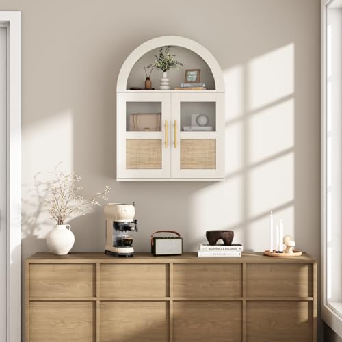 RUSTOWN Arched Bathroom Wall Cabinet with 2 Glass & Rattan Doors | Rattan Medicine Cabinet, Farmhouse Over the Toilet Storage Cabinet, Adjustable Shelves, 3-Tier Wall Mounted Cabinets - color: Rustic White