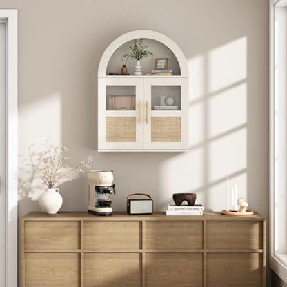 RUSTOWN Arched Bathroom Wall Cabinet with 2 Glass & Rattan Doors | Rattan Medicine Cabinet, Farmhouse Over the Toilet Storage Cabinet, Adjustable Shelves, 3-Tier Wall Mounted Cabinets - color: Rustic White