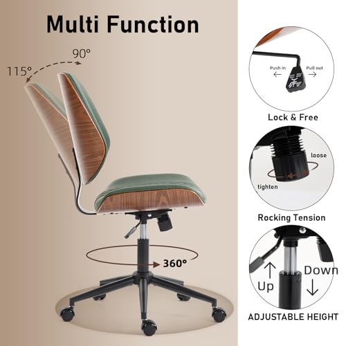 Modern Walnut Home Office Chair, Executive Desk Chair No Arms Green | with Wheels, Adjustable Height, Comfy PU, Deeper Cushion, Mid Back, 360 Swivel Computer Chair - color: Green