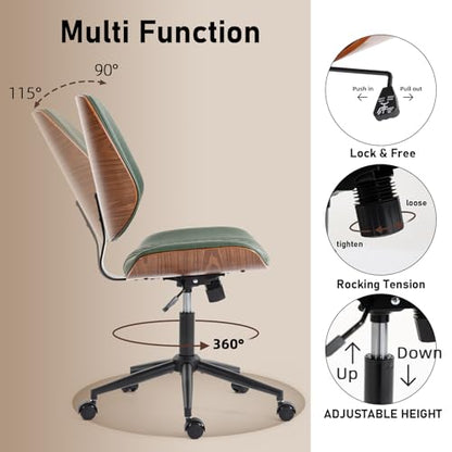 Modern Walnut Home Office Chair, Executive Desk Chair No Arms Green | with Wheels, Adjustable Height, Comfy PU, Deeper Cushion, Mid Back, 360 Swivel Computer Chair - color: Green