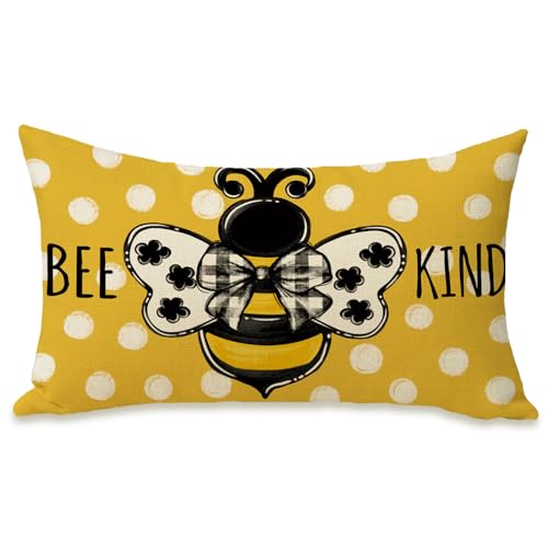Fahrendom Spring Honey Bee Kind Lumbar Decorative Rectangle Pillow Cover | 12 x 20, Summer Bumble Bee Yellow Porch Patio Outdoor Pillowcase, Polka Dots Seasonal Sofa Couch Cushion Case Home Decor - color: Bee Kind, size: 20" x 12" (Pack of 1)