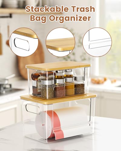 Trash Bag Dispenser 2 Pack, Stackable Trash Bag Holder with Bamboo Lid – Clear Plastic Garbage Bag Organizer for 4-33 Gal Bags, Space-Saving Under Sink Organizer for Kitchen, Laundry, Pantry - size: XL+S