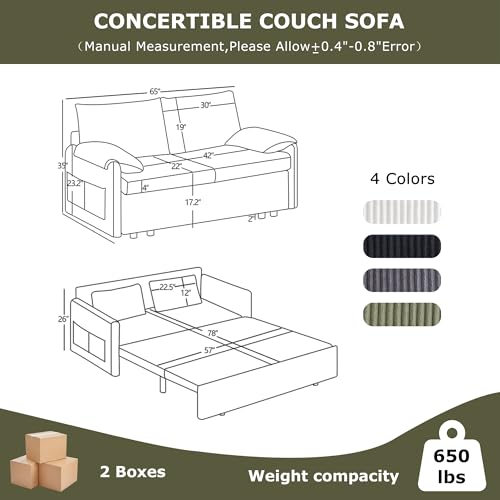 65" Convertible Sofa Bed Loveseat, Corduroy Sleeper Couch, 3 in 1 Folding Couch Sofa for Small Spaces,Apartment and Living Room. (Green)
