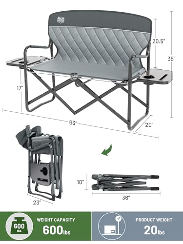 TIMBER RIDGE Double Camping Chair Portable Loveseat, Heavy Duty Folding Camp Couch, 2 person Director Chairs with Cup Holder for Outdoor Lawn Tailgates Picnic Sports Soccer Games Supports 600 lbs Grey | Heavy Duty Folding Camp Couch for 2 Person with Cup