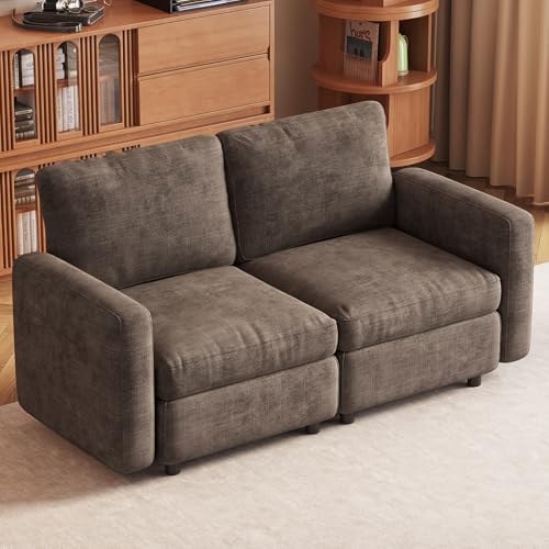 Miuuod 2-Seat Modular Sofa Couch for Small Spaces, Convertible Sleeper Loveseat with Ergonomic Cushions, Brown Cloud Futon Lounge Sectional Furniture for Living Room Bedroom Apartment - color: Brown, style: 2 Seats（2 Seats only）