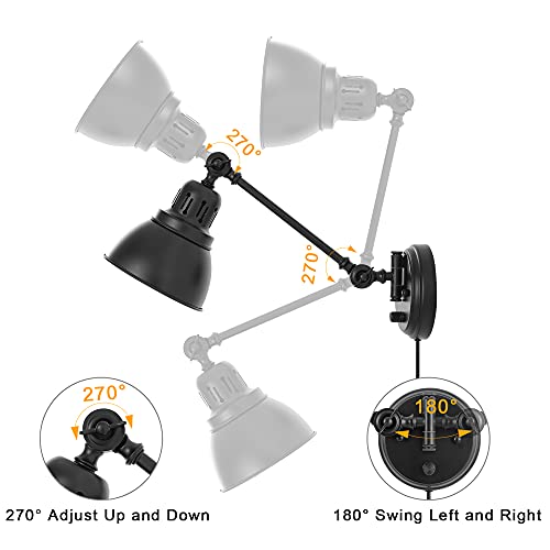 GOODATE Plug in Wall Sconces Set of 2, ENCOMLI Wall Sconce Lighting with Dimmable On Off Switch, Swing Arm Wall Lamp, Black Metal Industrial Wall Light Fixtures, Safety E26 Base, 6FT Plug in Cord - size: Black-2 PACK