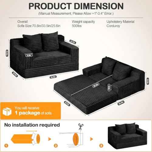 Erament Boneless Loveseat Convertible Sofa Bed, Folding Floor Futon Sleeper Sofa Couch Bed- Boneless Foldable Couch, Corduroy Pull Out Sofa Bed with 2 Pillows for Living Room & Bedroom - color: Black, size: 54''(Lovesat Fur)