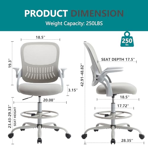 DUMOS Tall Drafting Chair, High Office Chair for Standing Desk | Flip-up Arms, Counter Height Adjustable, Mid Back Mesh, 360° Rolling Swivel Wheels, Grey - color: Grey, size: 18.5"D