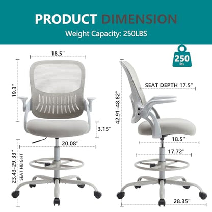 DUMOS Tall Drafting Chair, High Office Chair for Standing Desk | Flip-up Arms, Counter Height Adjustable, Mid Back Mesh, 360° Rolling Swivel Wheels, Grey - color: Grey, size: 18.5"D
