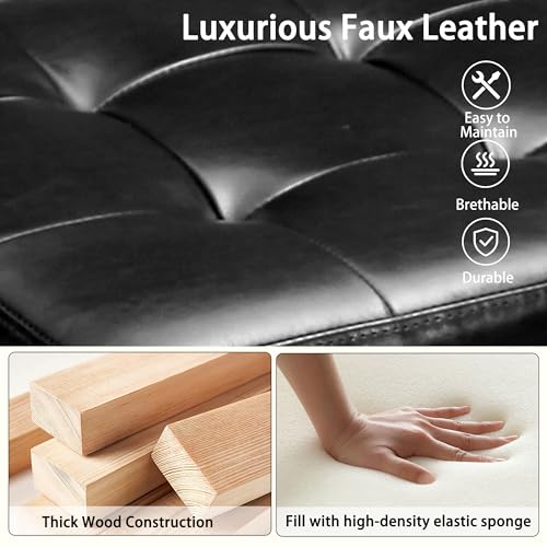 Storage Ottoman, 17" Fuax Leather Square Tufted Footrest Stool with Hinged Lid & Wooden Legs, Extra Seat or Coffee Table for Living Room, Bedroom, Entryway, Black - color: Black Leather
