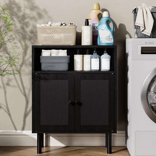 Rattan Storage Cabinet, Boho Accent Cabinet with Double Doors | Small Freestanding Sideboard for Hallway, Laundry Room,Kitchen, Dining Room, Entryway (Black) - color: Black