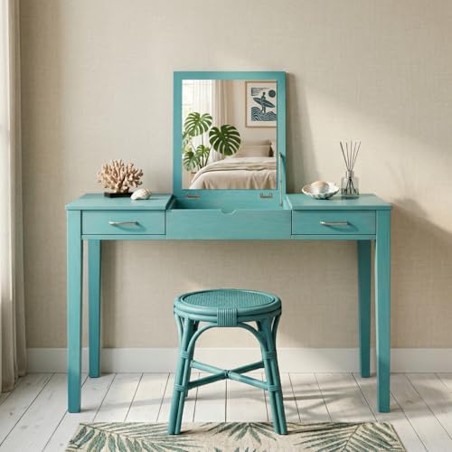 Hives and Honey Parsons Vanity Desk, Lift-Top Mirror, Storage, USB & Power Outlet, 2 Drawers, Smooth Glide, Modern Wood Grain Design, Brushed Chrome Hardware, Makeup & Dressing Table, Turquoise - color: Turquoise