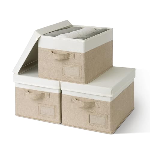 GRANNY SAYS Storage Bins with Lids, Decorative Storage Boxes with Lids | Storage Box with Dust Cover, Handles & Lable, Collapsible, Ideal for Closet Clothes Blanket Toys, Medium, White&khaki, 3-Pack - color: White&Khaki, size: Medium