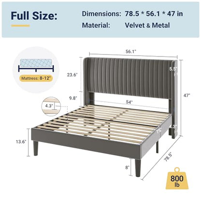 Allewie Full Size Velvet Bed Frame/Vertical Channel Tufted Wingback Headboard/Upholstered Platform Bed/Strong Wooden Slats/No Box Spring Needed/Easy Assembly/Grey - color: Grey, size: Full