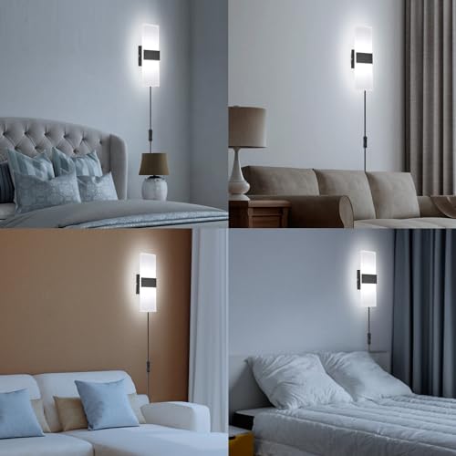 TRLIFE Modern Wall Sconce, Wall Sconce Plug in 12W LED 6000K Cool White Acrylic Wall Mounted Light Wall Lights with 6FT Plug in Cord and On/Off Switch on The Cord(1 Pack, Black) - color: Black-6000K Cool White, size: 1 Pack
