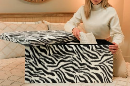 Luxe Faux Fur Storage Ottoman, Zebra Black/White, 30 x 15 x 15 in | Engineered Wood, Tool-Free Assembly, Modern Style, Seat And Footrest - color: Zebra Black/White, size: 30"D x 15"W x 15"H
