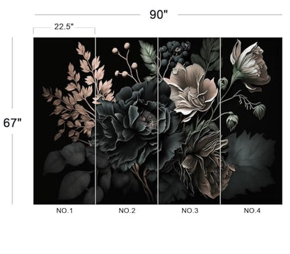 Eierme-Black Background with Flowers and Leaves Mural Wallpaper Peel and Stick 90" x 67" - color: No.14, size: 90" x 67"