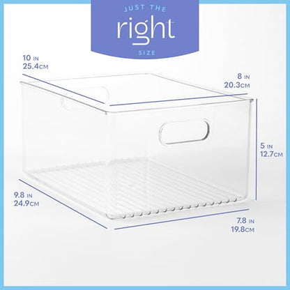 Plastic Food Storage 4 Pack Clear Container Bin with Handles for Organizing Kitchen, Pantry, Refrigerator, Freezer, Pantry, Cabinet, Closet, Bathroom 10”x8”x5” - size: 10x8x5