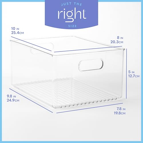 Plastic Food Storage 4 Pack Clear Container Bin with Handles for Organizing Kitchen, Pantry, Refrigerator, Freezer, Pantry, Cabinet, Closet, Bathroom 10”x8”x5” - size: 10x8x5