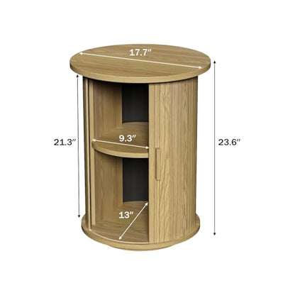 Wnutrees Round Fluted End Table, Small Accent Pedestal Side Table with Sliding Door & 2 Tier Storage Shelf, Wood Fluted Nightstand Bedside Table for Living Room, Bedroom, Natural