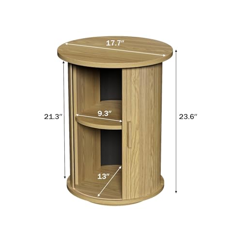 Wnutrees Round Fluted End Table, Small Accent Pedestal Side Table with Sliding Door & 2 Tier Storage Shelf, Wood Fluted Nightstand Bedside Table for Living Room, Bedroom, Natural