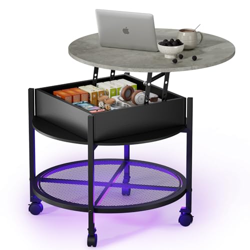 VINGLI 27" Round Lift Top Coffee Table with Wheels & Lights, Black & Grey | Removable Coffee Table with Hidden Compartment Storage & Metal Shelf, Small Farmhouse Coffee Tables for Living Room, Office - color: Black & Grey