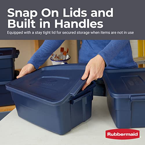 Rubbermaid Roughneck Tote 3 Gal, 6 Pack, Made in USA, Dark Indigo Metallic, Rugged Plastic Stackable Storage Bins with Lids and Handles - size: 3 Gal - 6 Pack