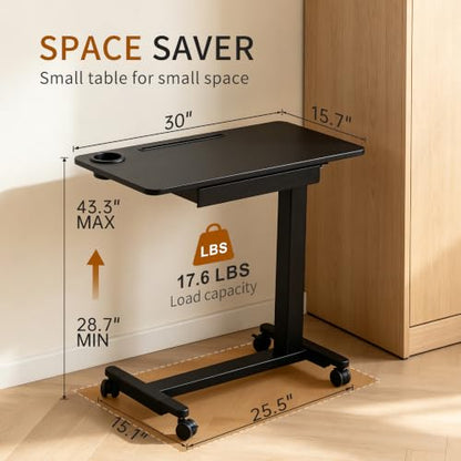Adjustable Height Over Bed Desk with Drawer, Wheels, Slot, and Cup Holder | Portable Rolling Laptop Overbed Table, Pneumatic Hospital Bedside Tray with Storage, Laptop Standing Sofa Side Cart| Black - color: Black