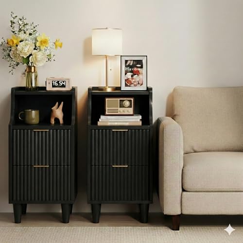 11.8" Narrow Fluted Nightstand Set of 2,Slim Side End Table with 2 Drawers,Black Modern Bedside Table,Skinny Night Stand for Bedroom,Small Space - color: Black