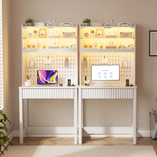 Lvifur Small Writing Desk with Power Outlet - LED Study Desk with Drawer & Hutch, Home Office Desk with Shelf & Pegboard, Space Saving Study Table Work Station for Dorm, Living Room (White) - color: White86023