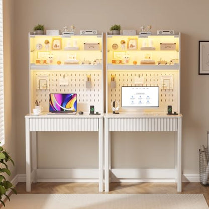 Lvifur Small Writing Desk with Power Outlet - LED Study Desk with Drawer & Hutch, Home Office Desk with Shelf & Pegboard, Space Saving Study Table Work Station for Dorm, Living Room (White) - color: White86023
