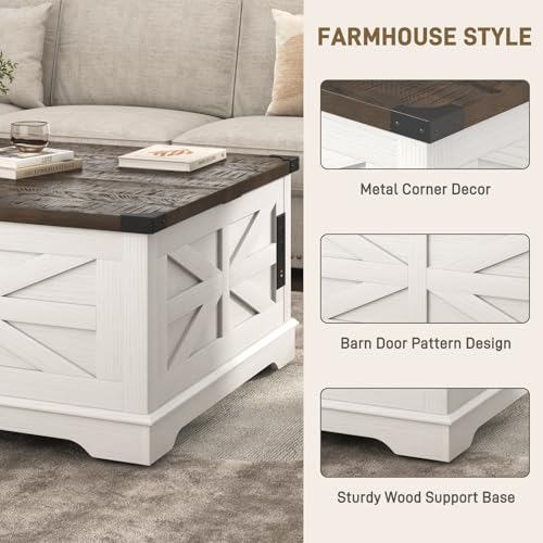 Hlivelood 36" Farmhouse Movable Lift Top Coffee Table with Storage and Power Outlets, Square Wood Living Room Tables with Wheels&Large Hidden Space, Lift Wooden Barn Door Center Table, White - color: White