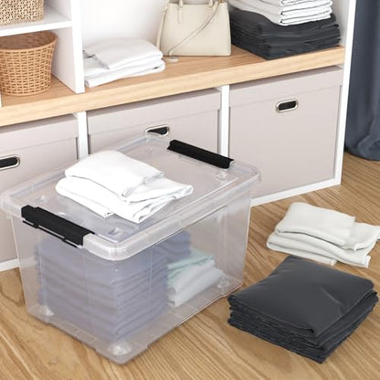 32 Quart Clear Plastic Latch Storage Bins with Wheels, 4 Pack | Large Clear Plastic Storage Box with Lid, Secure Black Side Latches, Built-In Rolling Wheels - size: 32 quart