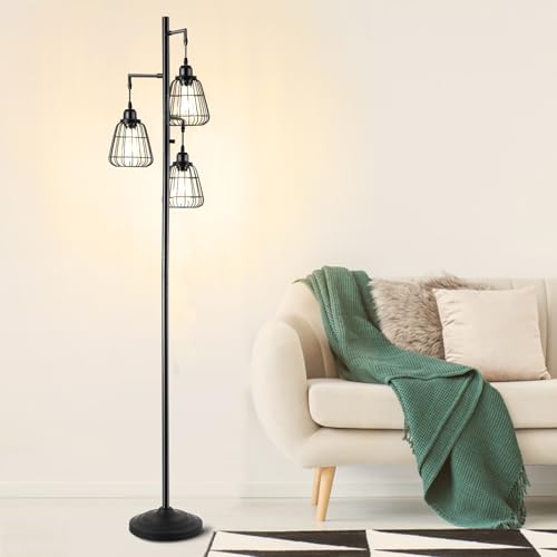 9MMML 68” Living Room Floor Lamp, Industrial Farmhouse 3 Teardrop Cage Standing Lamp,Black Tall Floor Lamp for Bedroom Office, 3 LED Edison Bulbs Included - color: Black