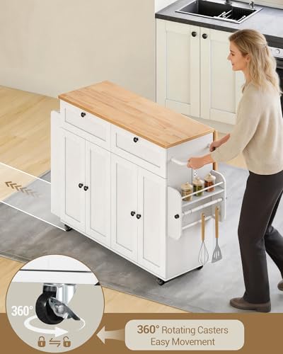Hzuaneri Kitchen Island with Power Outlet & Drop Leaf, 53.1" Rolling | Kitchen Island Cart on Wheels, Portable Mobile Island Table with Spice Rack Towel Rack, Knife Holder Drawers, White KT00103W