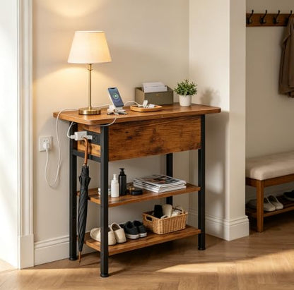 WLIVE 3-Tier End Table with Charging Station Flip Top Narrow Nightstand | 2 USB Ports+2 AC Outlets; Flip Top Hidden Storage; 2 Open Shelves; Small Space Living Room Bedroom; Sturdy Carbon Steel Frame - color: Rustic Brown