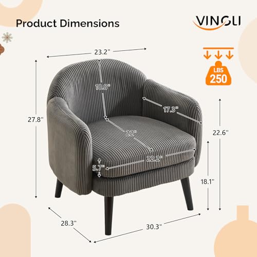 VINGLI 30.3" Wide Modern Barrel Accent Armchairs Set of 2 with Track Armrest, Solid Wooden Legs, Comfy Upholstered Club Chairs, Single Home Sofa for Living Room, Bedroom, Reading Room, Corduroy Grey - color: Grey